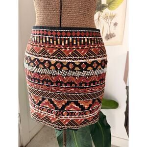 H&M Embroidered Beaded Boho Mini Skirt Black Multi Pattern Size 4